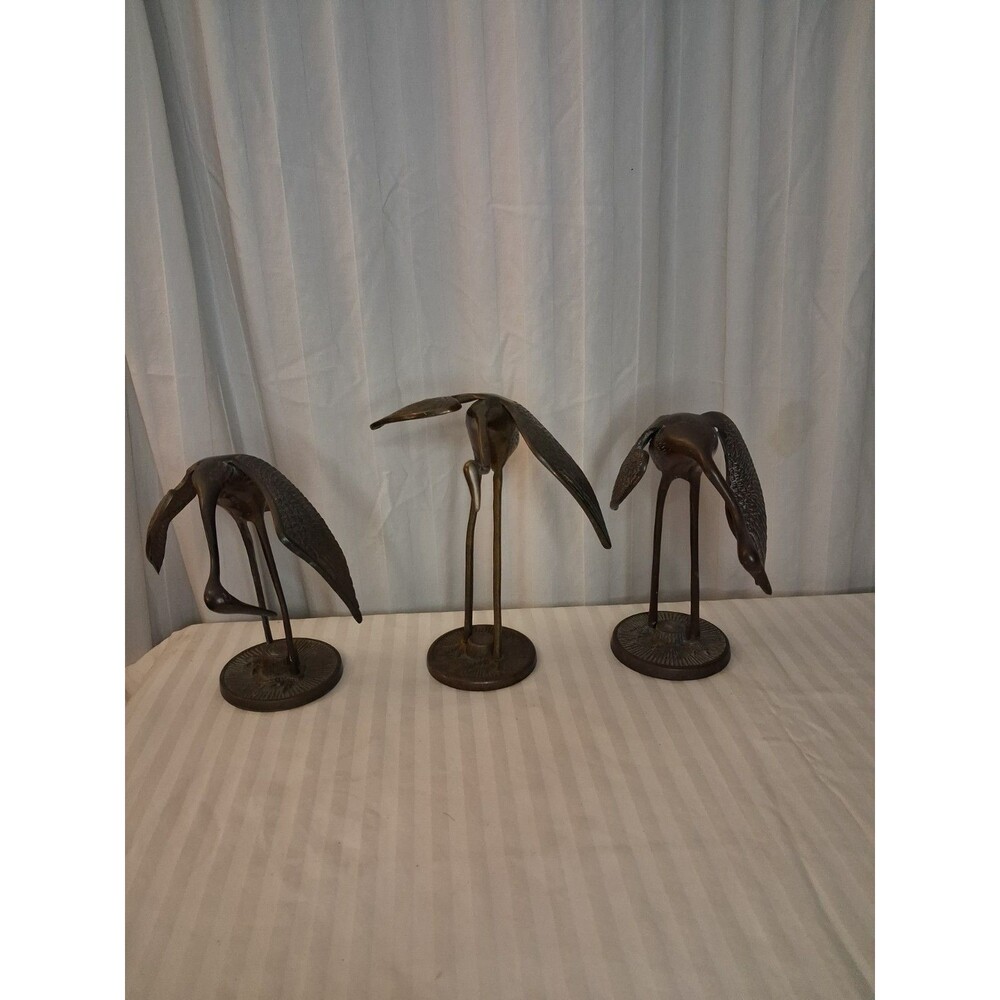 Brass Cranes Herons Bird Statues Heron Egret Stork Vintage MCM Figures Lot Of 3